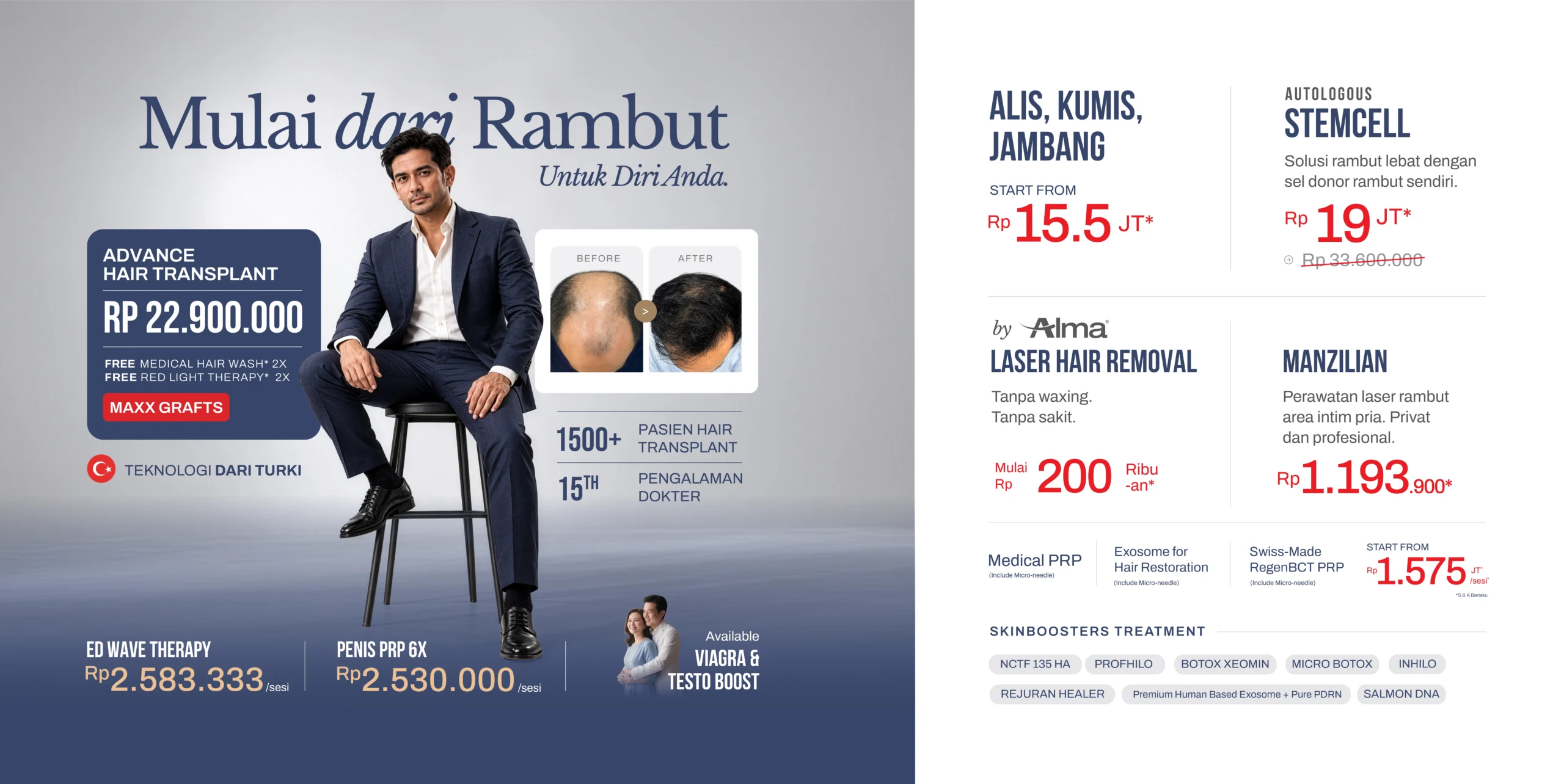 Banner promo bulanan The Men's Clinic: perawatan hair transplant, disfungsi ereksi, laser hair removal, dan skinbooster